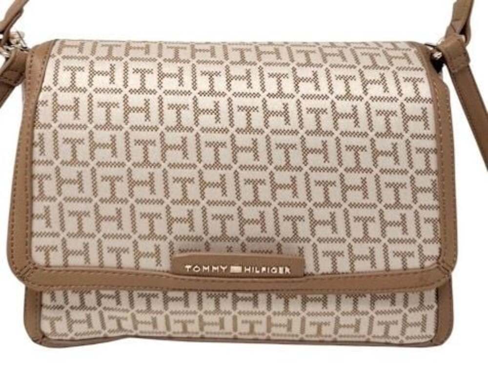 Tommy Hilfiger Monogram Flap Crossbody Bag‎ in Tan and Cream